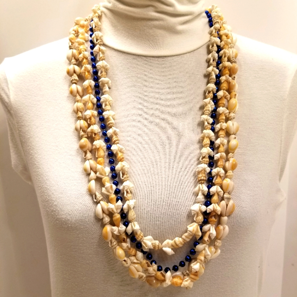 ✅3 34" Vintage Hawaiian Seashells & Puka Shells Lei & 1 Blue Beads Hand Crafted❣